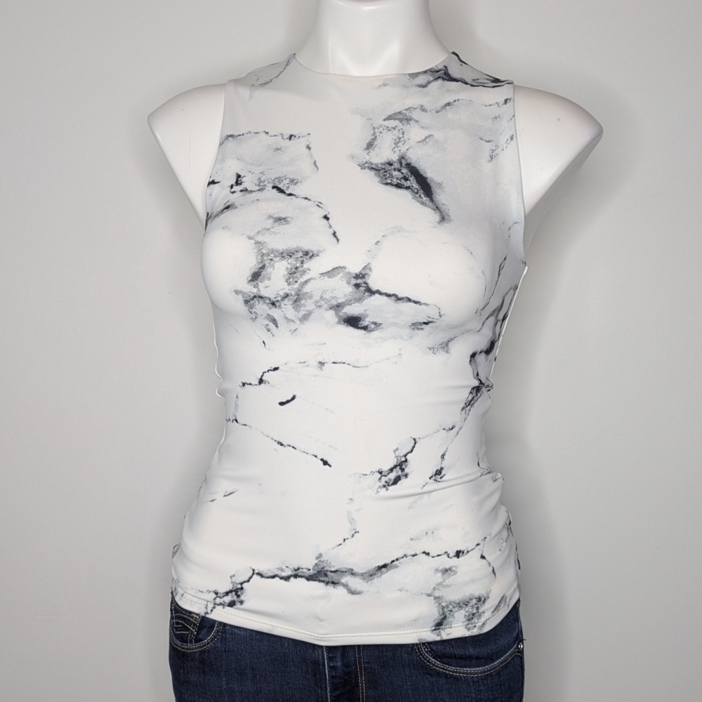 Express White Black Marbled Body Contour Lined Tank Top XS